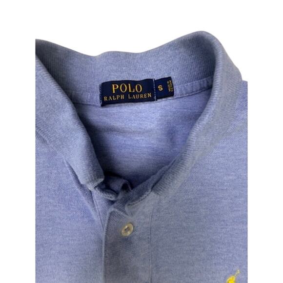 VTG Polo Ralph Lauren Blue Cotton Knit Polo Shirt Yellow Logo Men’s Size Small - Picture 3 of 10